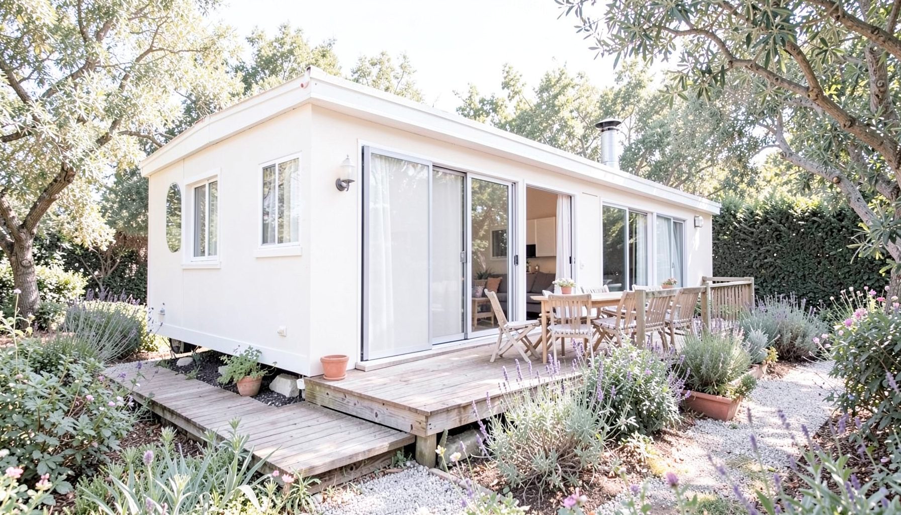 Mobil-home confortable dans un cadre arboré et ensoleillé, avec terrasse en bois et végétation méditerranéenne